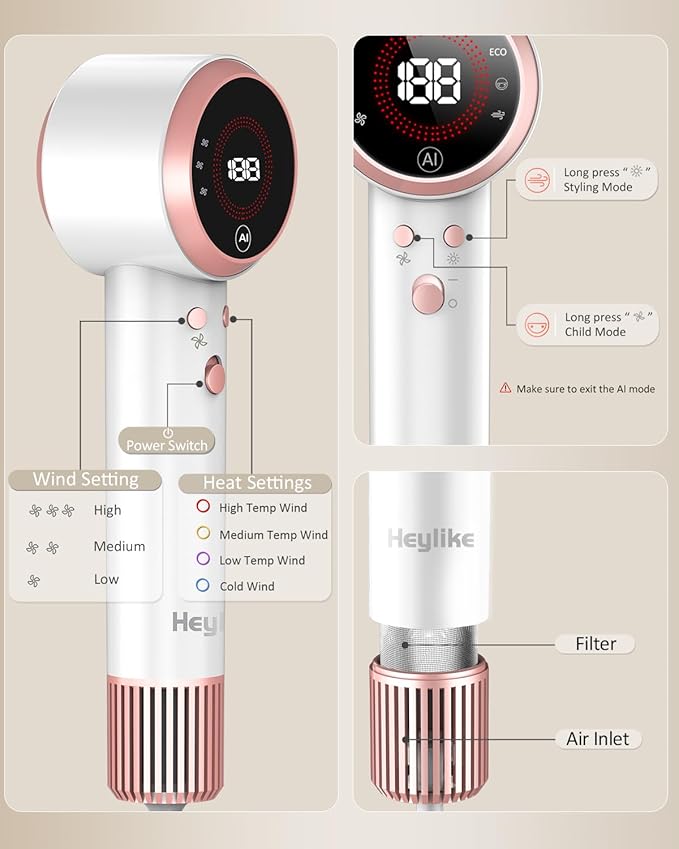 Hair Dryer, AI Smart 160000 RPM High-Speed Brushless Motor Plasma Ion AI Blow Dryer with Diffuser for Fast Drying, Professonal 4Temp/3Speed Thermo-Control Lightweight AI Hairdryer for Women Men Travel