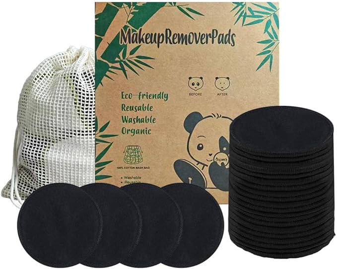 20 Pack Reusable Makeup Remover Pads with Laundry Bag, Environmentally Friendly and Suitable for All Skin Types, Washable Bamboo Cotton Rounds Black