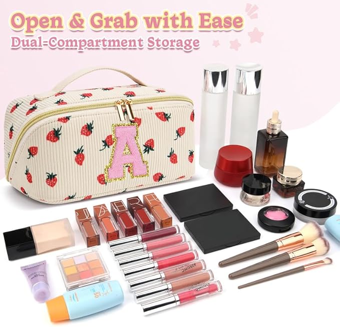 Personalized Travel Makeup Bag Set,Initial Travel Strawberry Makeup Organizer Bag,Toiletry Skincare Cosmetic Bag, Valentine's Day Gifts for Women/Girls/Teen,Open Flat Toiletry Pouch with Brush Bag