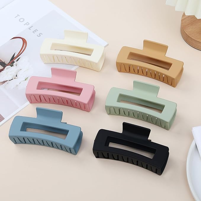 4 Inch Big Hair Claw Clips 6 Pcs Large Claw for Thick Hair Square Hair Clips for Women Rectangle Hair Clips Nonslip Acrylic Banana Jaw Clips Hair Accessories for Girls (Light)