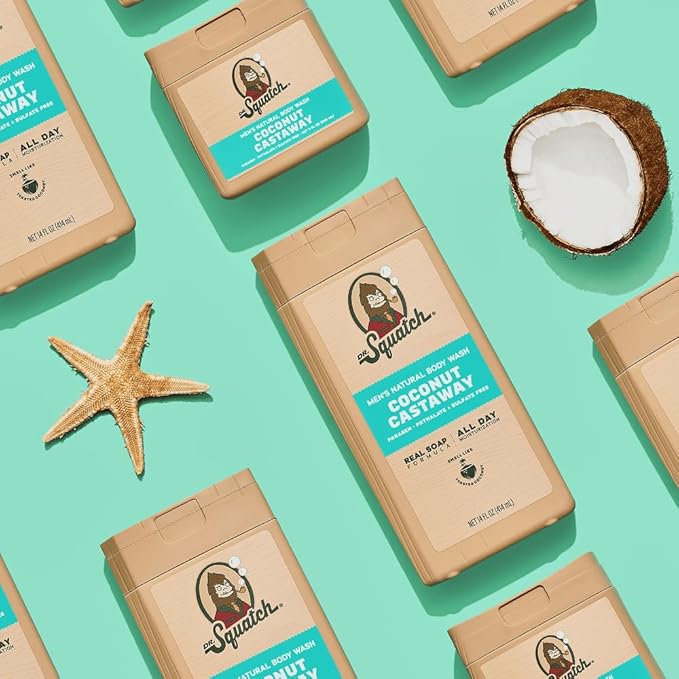 Dr. Squatch NEW Body Wash for Men with Nourishing, Natural Ingredients | No Paraben, Phthalate, Sulfate | Coconut Castaway (14 oz), Wood Barrel Bourbon & Pine Tar (8 oz, 2-Pack) & Body Scrubber