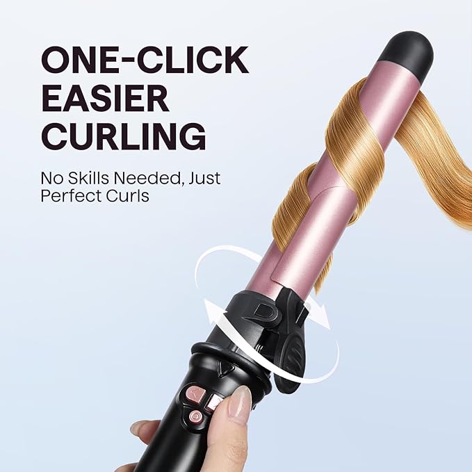 Wavytalk Rotating Curling Iron, Curl Cycle, 1 Inch Automatic Curling Wand for Long Hair, Get Effortless Curls with Self Spinning Barrel up to 430°F with Home Button, Dual Voltage, Rose Gold