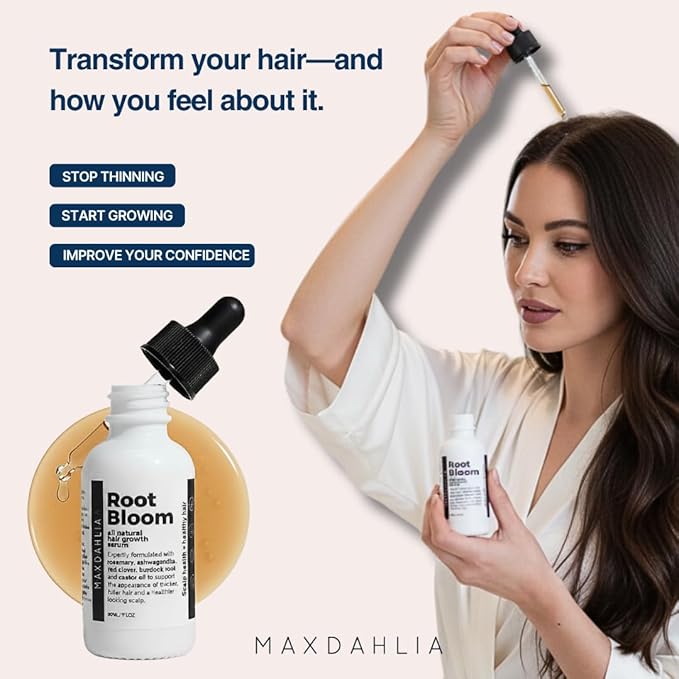 MAXDAHLIA Root Bloom All-Natural Hair Growth Serum with Ashwagandha, Rosemary, Castor Oil, White Willow Bark, Green Coffee Oils for Hair Restoration and Hair Growth