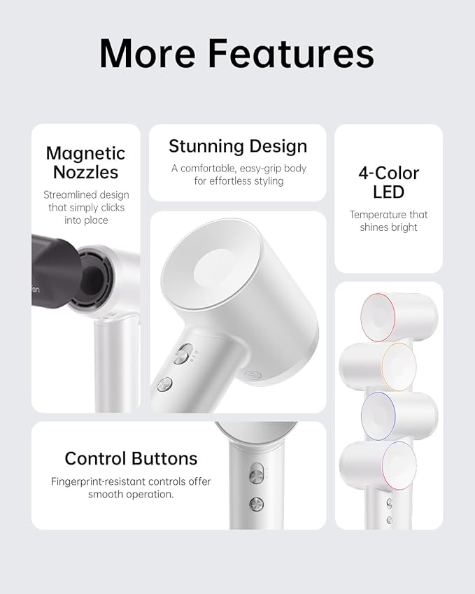 Laifen Swift Hair Dryer, High Speed 200M Ionic Blow Dryer with 110, 000 RPM Brushless Motor for Fast Drying, Low Noise, Hairdryer with Magnetic Nozzle