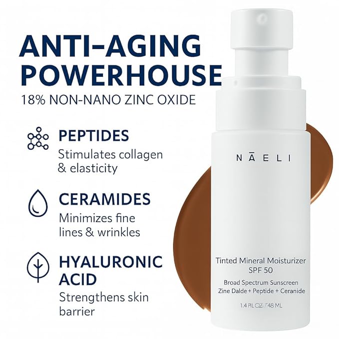 NAELI Anti Aging Tinted Moisturizer SPF 50, Mineral Sunscreen for Face with Zinc Oxide, Peptides & Ceramides, Natural Hydrating Dark Tint - 1.4 oz