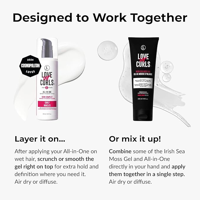Love Ur Curls® All-in-One Curl Cream Styler for Curly Hair and Irish Sea Moss Hair Gel Bundle, Define, Hydrate and Style with Shea Butter, Medium Hold Curl Styling Gel to Reduce Excess Frizz