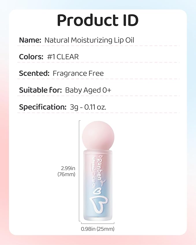 RUNBEN Baby Hydration Lip Oil, 48H Lasting Moisturizing, Clean & Non-toxic, Kids Chapped Lips Care, Fragrance Free（Clear)