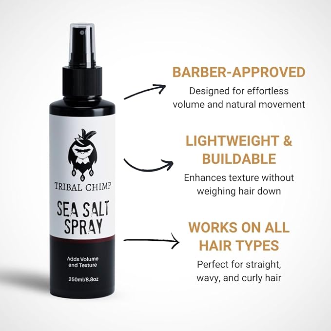 Tribal Chimp Sea Salt Spray for Men 250ml – Sea Salt Hair Spray for Volumizing, Thickening & Texturizing Hair of All Types – Strong Extra Hold, Natural, Non-Toxic & Alcohol Free Hairspray