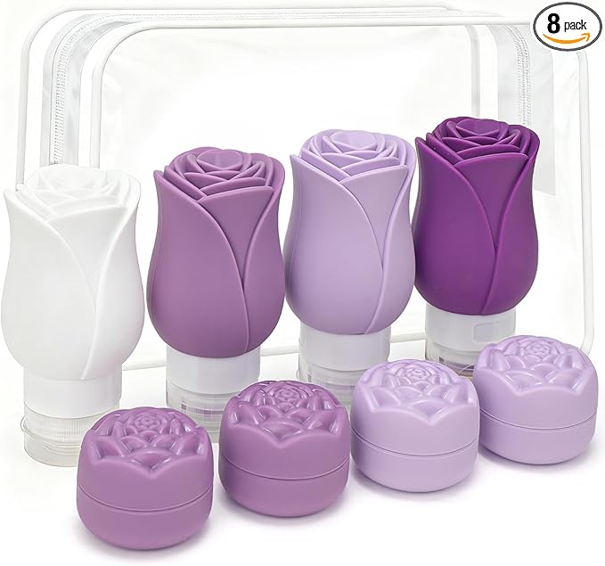 3 OZ Travel Bottles Leakproof for Travel TSA Approved & Refillable Mini Cream Containers Set 8 Pack – Silicone Squeeze Tube Rose Bottle for Shampoo Lotion Body Wash BPA Free with Bag, Purple