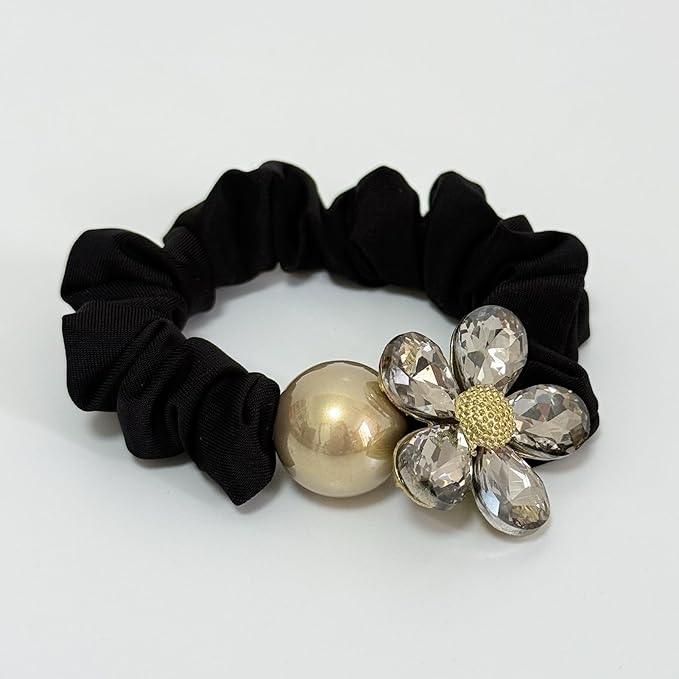 Silk Scrunchies Hair Ties 3Packs – Super Soft Thin Hair Scrunchies, Gentle on Hair, Faux Pearl & Crystal Decorated Hair Accessories for Women