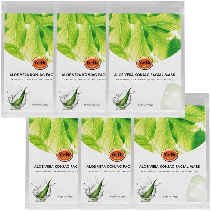 Yu-Be Facial Mask: Revitalizing Aloe Vera | Plant-Based Konjac Sheet Mask Soothes, Plumps, & Hydrates Face | Supports a Smoother-Looking Complexion | Supports Firmer, Hydrated Skin - 6 sheets