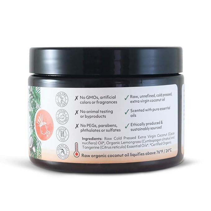 Organic Fiji Raw Cold Pressed Coconut Oil for Hair, Skin, Face & Body | Relaxing Massage Oil | Lemongrass Tangerine,12 oz for Women Men & Baby