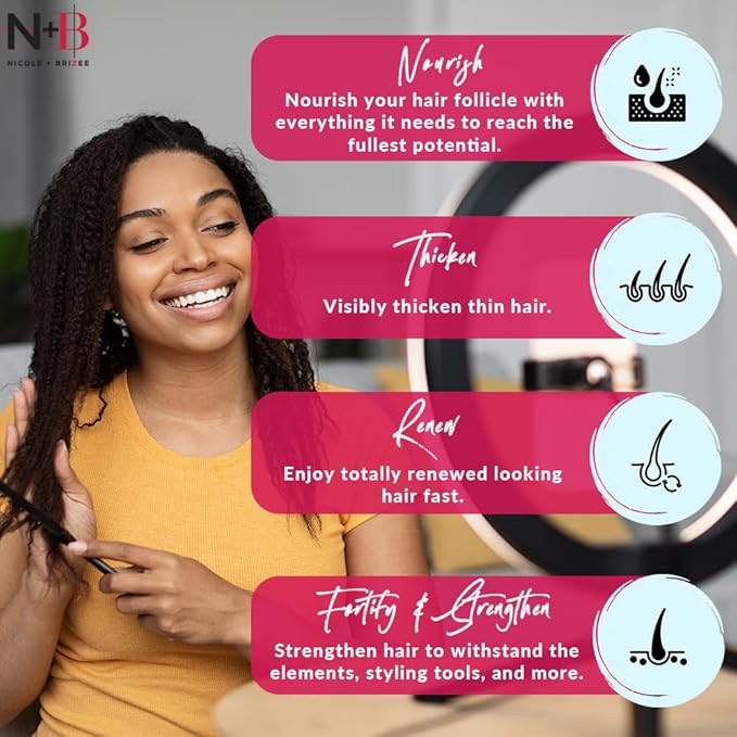 Nicole + Brizee N+B Hair Growth Vitamins - with Biotin, Vitamin C, Zinc, and Vitamin B12 - Natural-Based Hair Care Formula - Made in The USA - (30 Day Supply)(1-Pack)