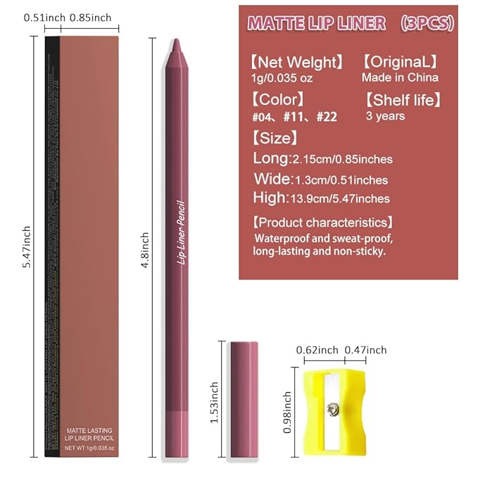 evpct 3Pcs Plum Rose Dark Purple Matte Long Lasting Wear Lip Liner Pencils Makeup Set for Shaping & Sculpting Lips, No Transfer Waterproof Pigmented Lip Liner Crayon lipliners Lipstick Pencil 4+11+22