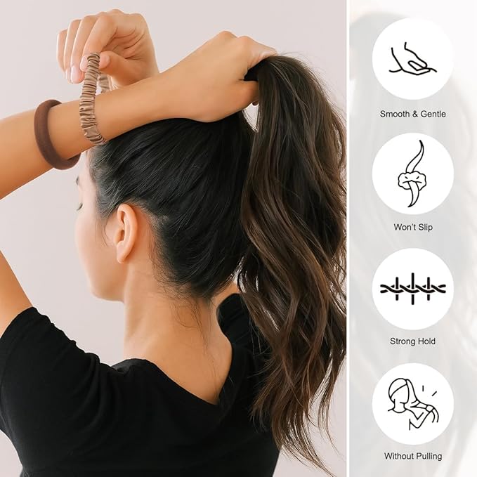 8PCS Silk Scrunchies & Seamless Cotton Hair Ties – No Damage, Elastic Ponytail Holders for Women, Strong Stretch Hair Bands for Thick & Fine Hair (Neutral Colors)