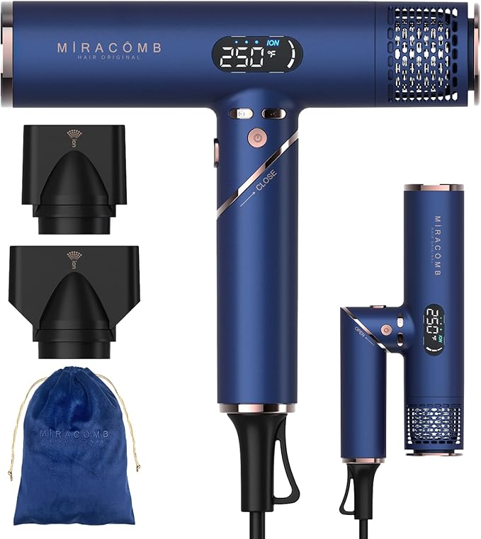 MIRACOMB Foldable Travel Hair Dryer, Powerful Ionic Blow Dryer Pro with Brushless Motor for Fast Drying, Lightweight Portable Hairdryer for Women/Men, Digital Heat/Speed Settings, with 2 Nozzles