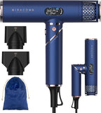 MIRACOMB Foldable Travel Hair Dryer, Powerful Ionic Blow Dryer Pro with Brushless Motor for Fast Drying, Lightweight Portable Hairdryer for Women/Men, Digital Heat/Speed Settings, with 2 Nozzles
