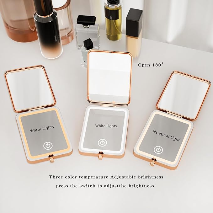 2025 Pocket Mirror With Light, Rose Gold Rechargeable Dimmable 3 Color Lighting 1x/3x Led Compact Travel Makeup Mirror for Purse, Portable, Folding, Handheld, Small Lighted Mirror Gift for Women