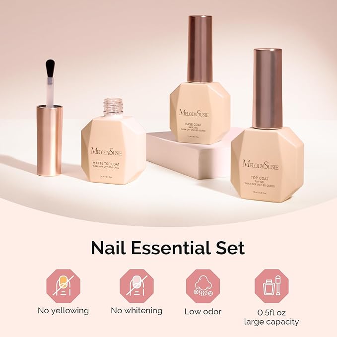 MelodySusie Top Coat Matte Top Coat Base Coat No Wipe Glossy Set Long Lasting Shine Finish Soak Off UV LED Nail Lamp Nail Art Design Manicure Kit Perfect Gifts for Women Girls 3 Pcs 15ml Clear