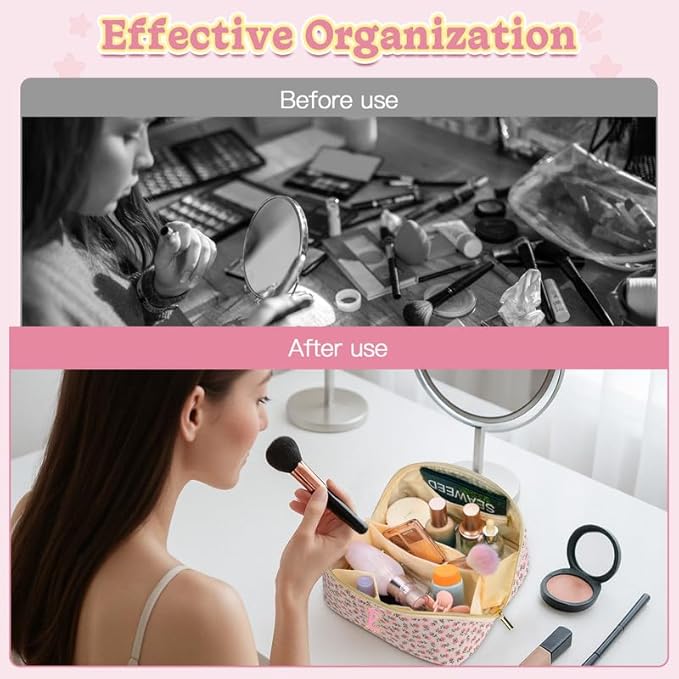 Personalized Travel Makeup Bag Set,Initial Travel Cute Floral Makeup Organizer Bag,Toiletry Skincare Cosmetic Bag,Valentine’s Day Gifts for Women/Girls,Open Flat Toiletry Pouch with Brush Pocket-S