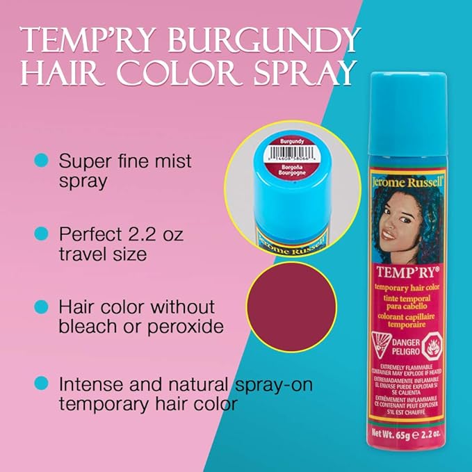 Jerome Russell Temporary Hair Color Spray, Burgundy - Intense Fast-Drying, Non-Sticky, Travel Size Hair Tint for Instant Vivid Color, 2.2 oz