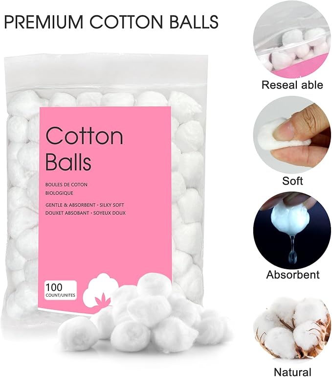 250 Count Cotton Balls, 100% Pure Organic Cotton, Soft & Super Absorbent, Includes 2 Cotton Ball Holders for Bathroom & Vanity, Perfect for Face Makeup Remover, Nail Polish Removal, Crafts, Pet Care