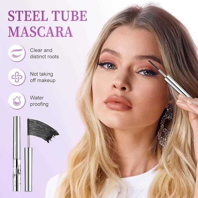 Iron Wand Mascara, Waterproof Metal Wand Mascara Volume and Length, Brushless Mascaras for Long-lasting No Clumping 3D Curling Eyelash (Brown)