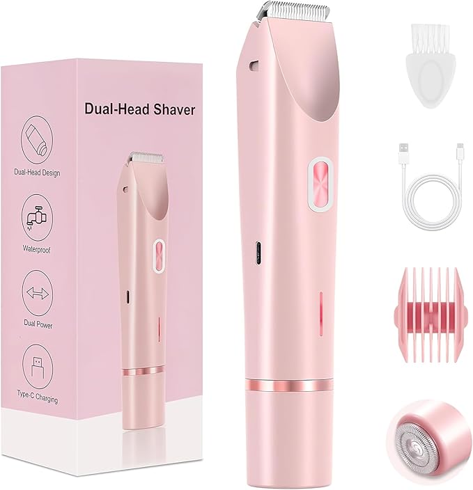 2025 New Bikini Trimmer for Women, 2 in 1 Dual Head Body Bikini Shaver, Ultra Low Silent, Painless & Cordless Hair Removal for Body , IPX7 Waterproof & Easy Cleaning for Shower & Travel (Pink)