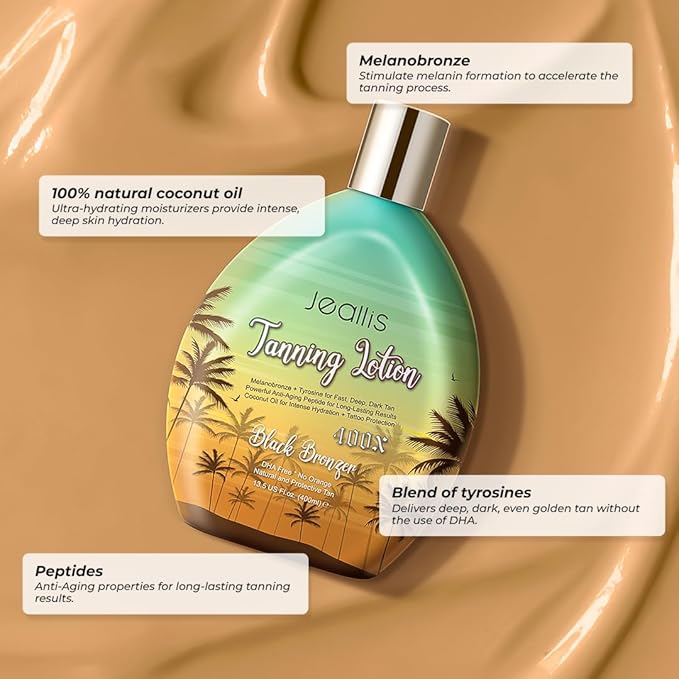 Jeallis Extreme Dark Tanning Lotion Accelerator for Indoor Tanning Beds & Outdoor Sun Tan with Bronzer to Get Dark Fast Tan, Bronzing Tanning Lotion with Tattoo Protecting Formula, DHA Free, 13.5oz