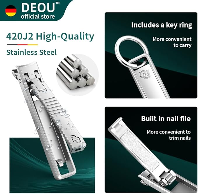 DEOU Folding Ultra-Thin Nail Clippers, Anti-Splash Mini Stainless Steel Manicure Tool, take with You When Traveling, own Nail File, Men's and Women's Gifts (Portable Nail Clippers + Leather case)