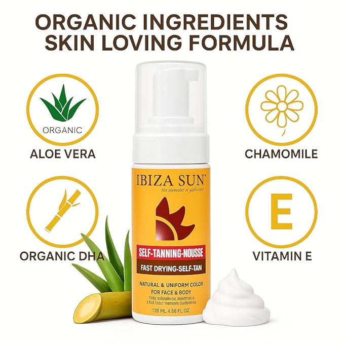 Self-Tanning Mousse – Organic DHA + Aloe Vera – Quick Dry, Paraben-Free, Vegan & Cruelty-Free – Natural-Looking Tan for Face & Body