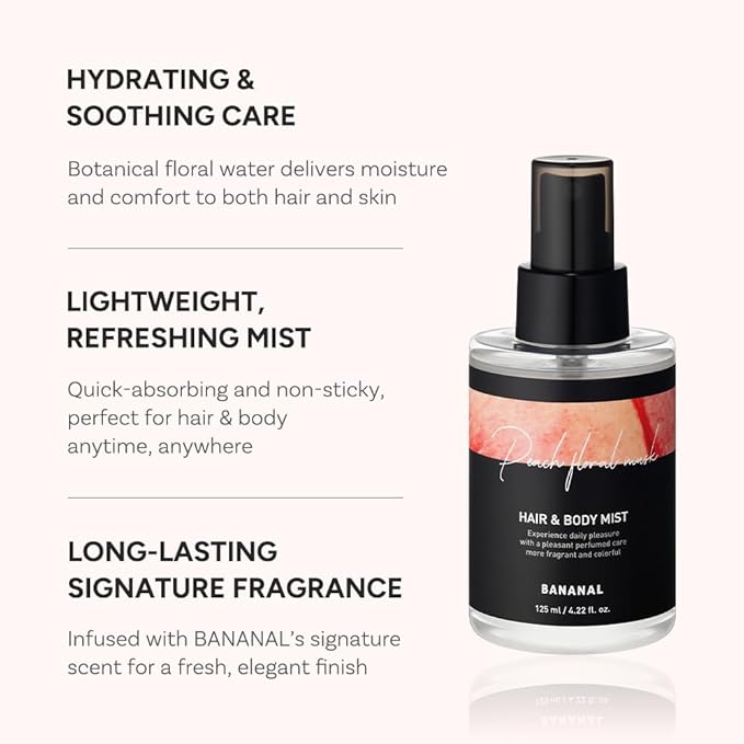 Perfumed Hair Mist for Women – Castor Oil for Shine & Long-Lasting Scent, Clean Hair Perfume & Body Mist – Botanical Waters & 17 Amino Acids, Sulfate, Paraben, Silicone-Free – Peach Floral Musk, 125ml