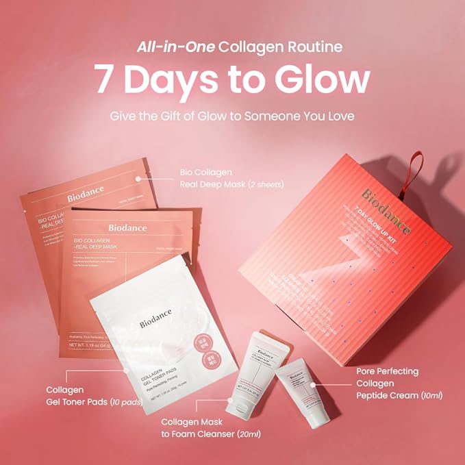 BIODANCE 7 Day Glow Up Kit: Holiday Collagen Gift Set for Glass-Skin, Christmas Gift, Stocking Stuffers for teen girls, Korean Skincare with Mask to Foam Cleanser, Toner Pads, Moisturizer, Gel Masks
