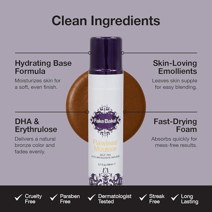 Fake Bake Flawless Self Tanning Mousse Streak-Free, Long-Lasting Natural Glow For All Skin Tones Women & Men - Sunless Tanner Includes Mitt For Easy Application, Black Coconut Scent - 6.7 oz