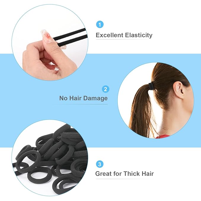 120PCS Black Hair Ties for Women, Seamless Soft Hair Bands Ponytail Holder, Elastics Hair Tie for Thick Thin Hair, No Damage Hairties Hair Accessories