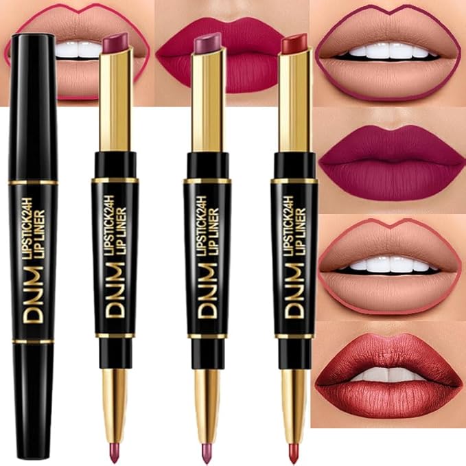 evpct 3Pcs Plum Purple Wine Mauve Red Lip Liner and Lipstick Set for Women Matte Matt 24 Hour Lipstick Pen and with Lip Liner Pencil Set Long Lasting 24 labial labiales mate 24 horas originales