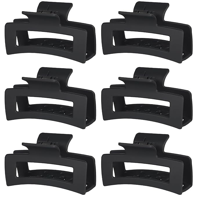 Square Hair Clips 3.5 Inch Medium Claw Clips Rectangle Hair Claw Clips 6 Pack Rubber Paint Jaw Non-Slip Thick Hair Accessories for Women Girls -Black