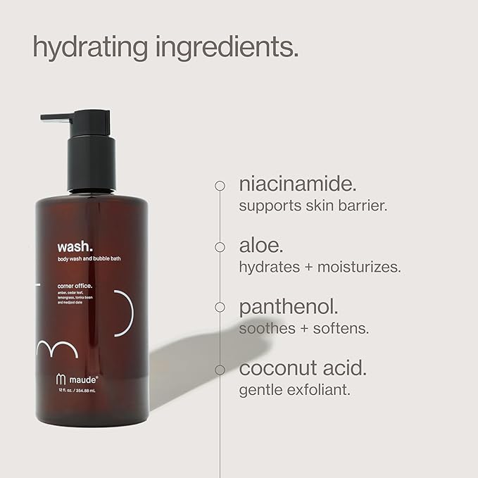 Maude Wash pH Balanced Moisturizing Body Wash & Bubble Bath - Unisex Amber & Cedar Scented Shower Gel with Vitamin C - Full Body Skin Care Products & Bathtub Accessories - No.1 Corner Office (12 oz)