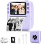 Instant Print Camera for Kids, Christmas Birthday Gifts for Girls Boys, 1080P Instant Digital Print Cameras for Toddler,Portable Toy for 4 5 6 7 8 9 10 Year Old Girl with 32GB SD Card，Purple