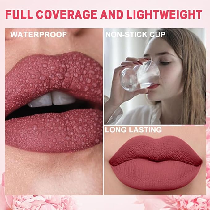 evpct 1Pcs Blush Red Matte Liquid Lipstick Lip Stain Sets for Women, Peony Flower Mauve Red Matte+Lipstick Long Lasting Permanent 24 hr Hours Magic Lipstick 24 Hours original Waterproof, 02#