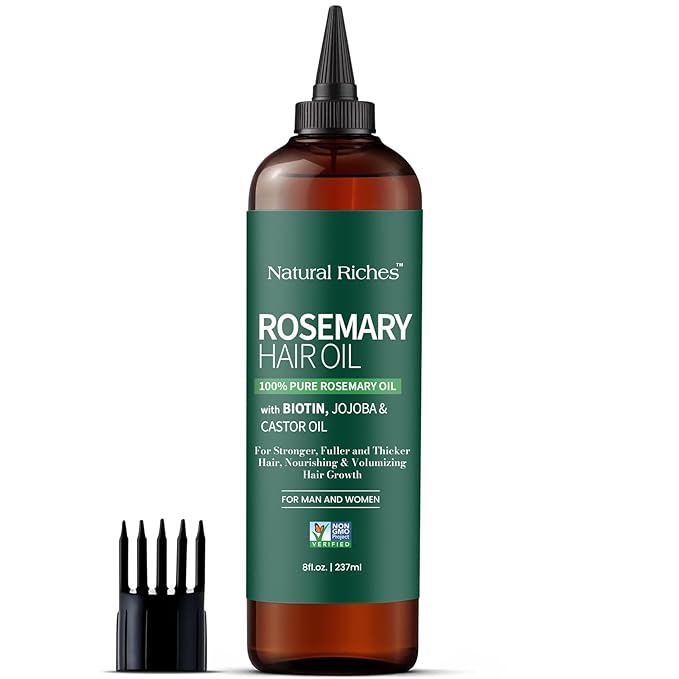 Natural Riches 100% Pure Premium Rosemary Oil For Hair Growth Infused With Biotin & Vitamin E Jojoba & Castor Oil Hair Strengthening Treatment | Nourishing & Volumizing | Non GMO Verified 8 Fl oz.