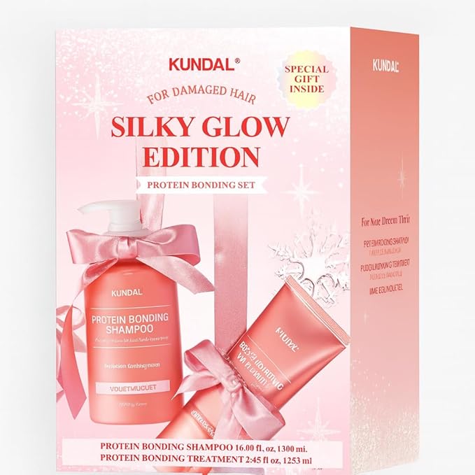 KUNDAL Holiyday Silky Glow Edition - Protein Bonding Shampoo 500ml + Treatment 250ml + Hair Scrunchie [Violet Muguet] - Korean Hair Care, Damage Repair, Heat Protection, Stocking Stuffers