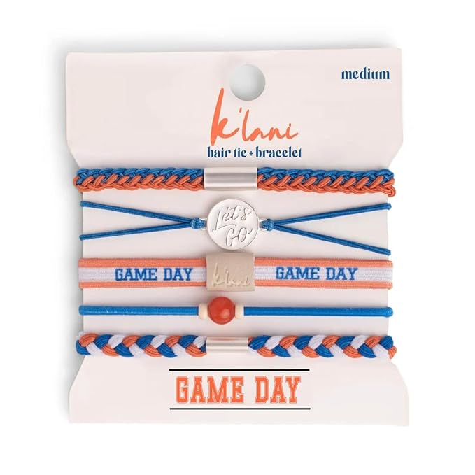 K'lani Game Day Hair Tie Bracelets – 5-Pack Stretchy No-Crease Hair Ties & Stylish Bracelets – Team Color Accessory for Hair or Wrist - Blue & Orange, Large