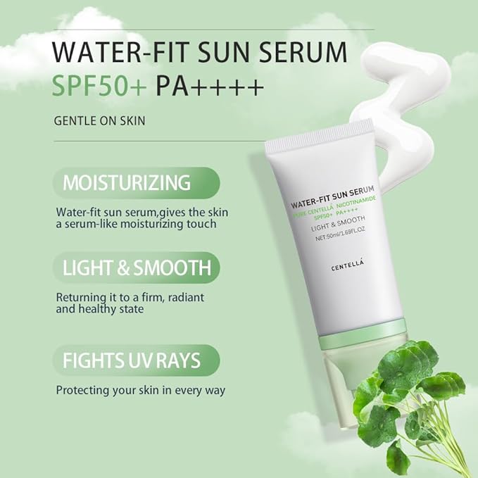 2 Pcs Centella Sunscreen, Lasting Lightweight Hydrating Centella Water-Fit Sun Serum SPF50 for All Skin Type and UV Defense.(Blue & Green)