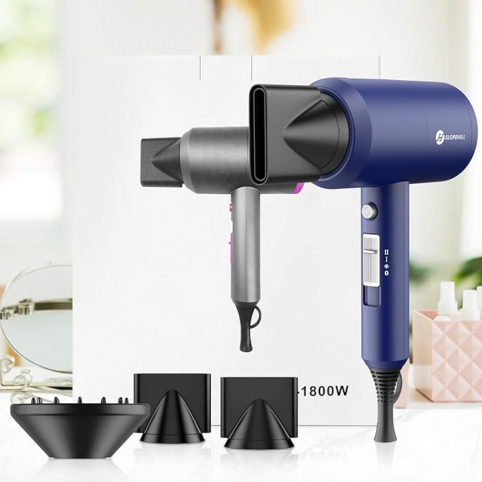 Slopehill Professional Ionic Hair Dryer, Powerful 1800W Fast Drying Low Noise Blow Dryer with 2 Concentrator Nozzle 1 Diffuser Attachments for Home Salon Travel (Prussian Blue)