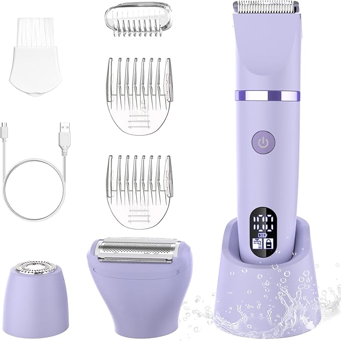3-in-1 Electric Razor IPX7 Waterproof Bikini Trimmer Wet & Dry Use Painless Personal Trimmer Groomer for Ladies Face Body Legs Bikini Public Hairs Electric Lady Shaver with Replaceable Heads
