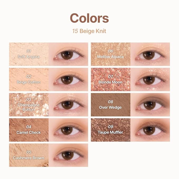 dasique Shadow Palette #15 Beige Knit l Vegan, Cruelty-Free l 9 Blendable Shades in Smooth Matte and Shimmer Finishes with Gorgeous Pearls