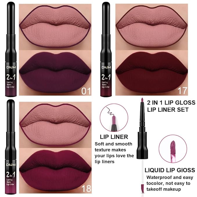 3Pcs 2 in 1 Dark Deep Red Purple Plum Black Cherry Lip Liner and Liquid Lipstick Stain Makeup Set for women, Long Lasting Smudge Proof Lip Tint Matte Finish Lip Gloss for All-Day Color Hold , Set11