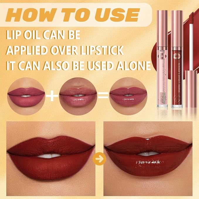 evpct 12Pcs Matte Liquid Lipsticks Set with Moisturize Lip Oil, Maroon Plum Mauve Orange Wine Deep Red Lipstick Long Lasting Waterproof, Non-stick Cup Lip Gloss Kit Pigmented 24 Hours Makeup for Women
