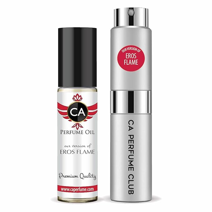 CA Perfume Duo Impression of Eros Flame For Men Perfume Layering Set Mens Cologne Long Lasting Travel Size EDP + Body Oil Roll-On Bottle 0.27 Fl Oz+0.33 Fl Oz